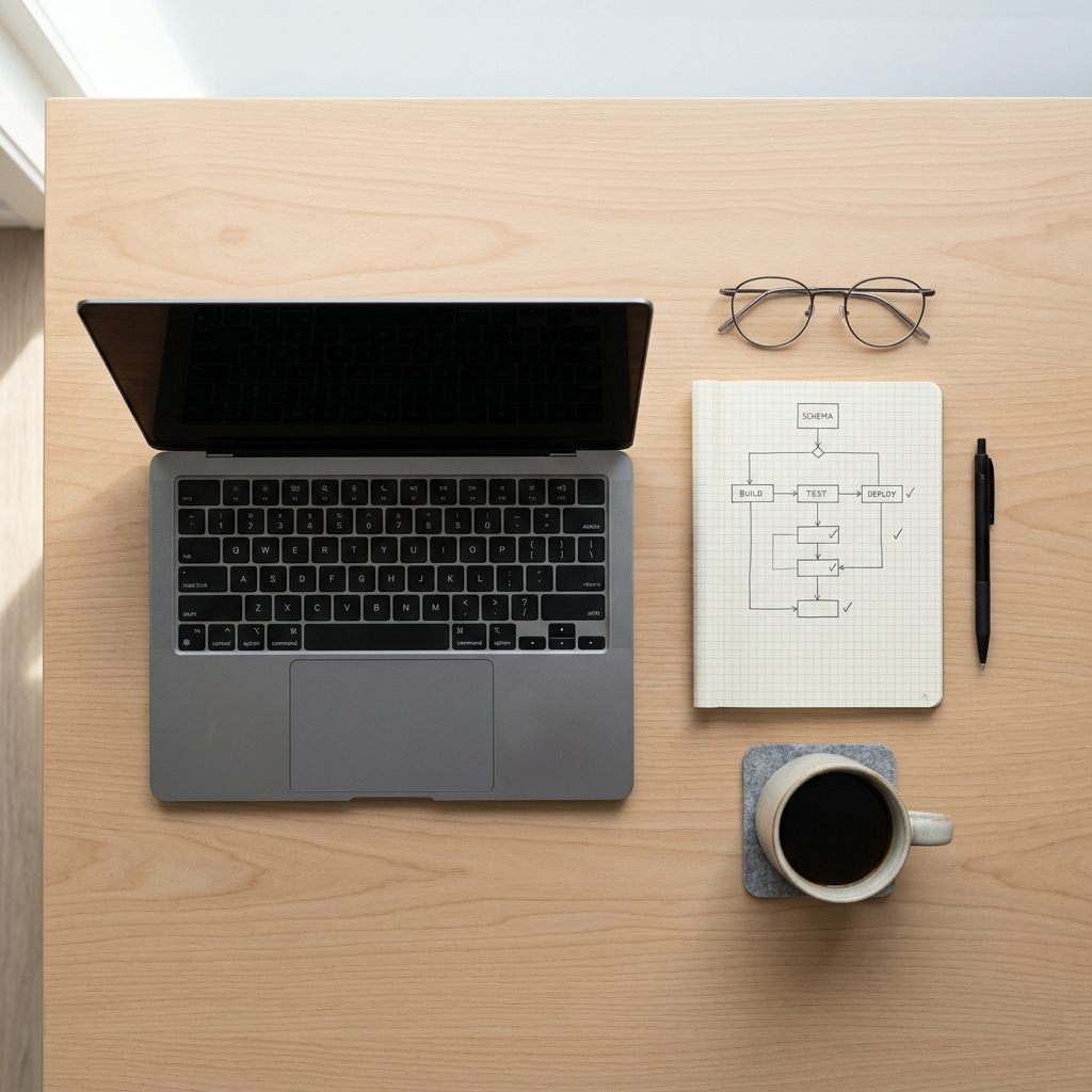 Organized engineer workspace with deployment notes