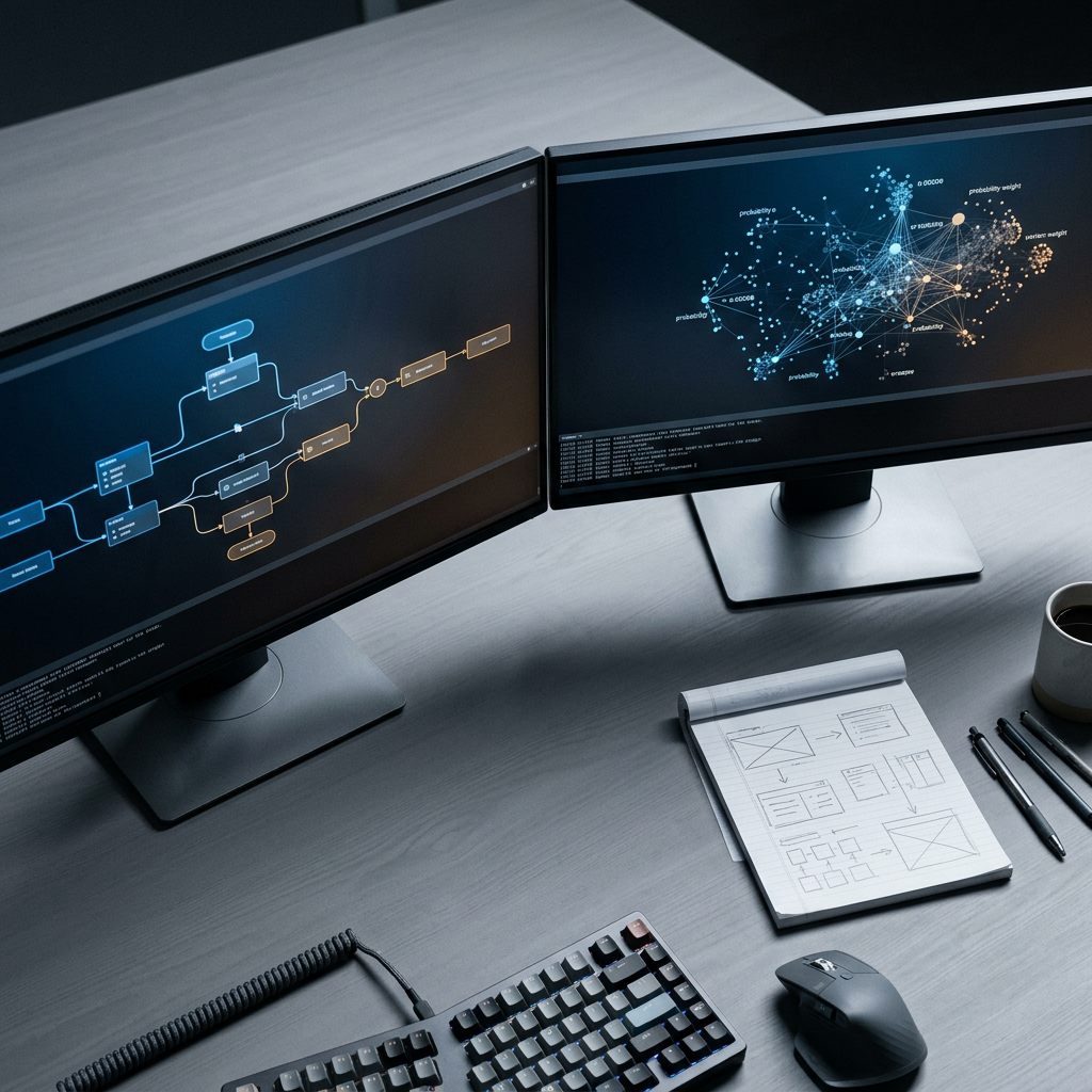 Developer comparing rule-based and ML attribution models on dual monitors