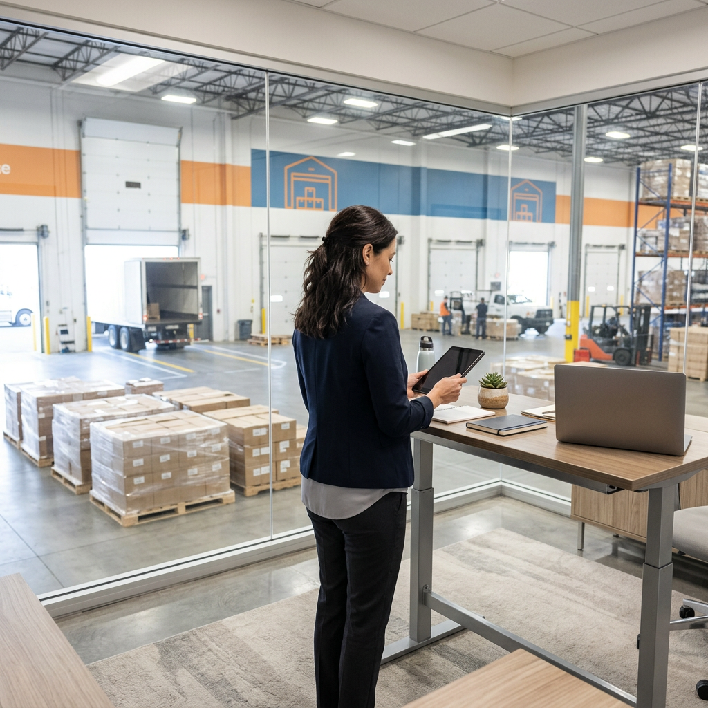 Logistics coordinator reviewing shipments with confidence