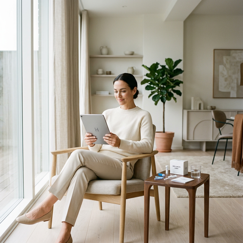 Professional reviewing health results on tablet at home