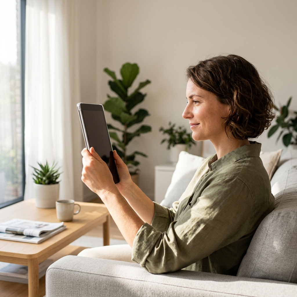 Person confidently reviewing blood test results on tablet at home