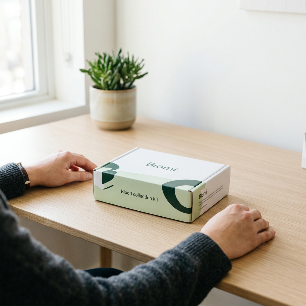 Unopened Biomi at-home blood test kit on modern workspace