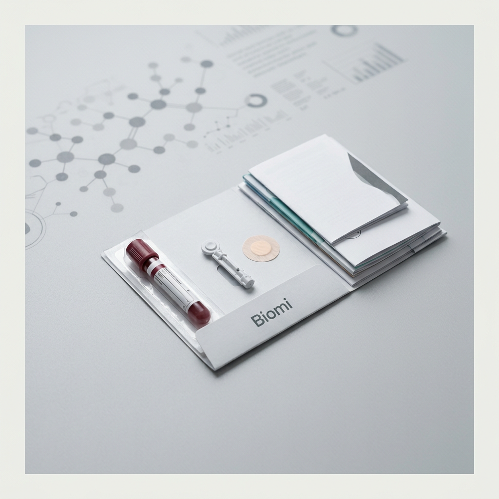 At-home blood collection kit displayed with biomarker elements