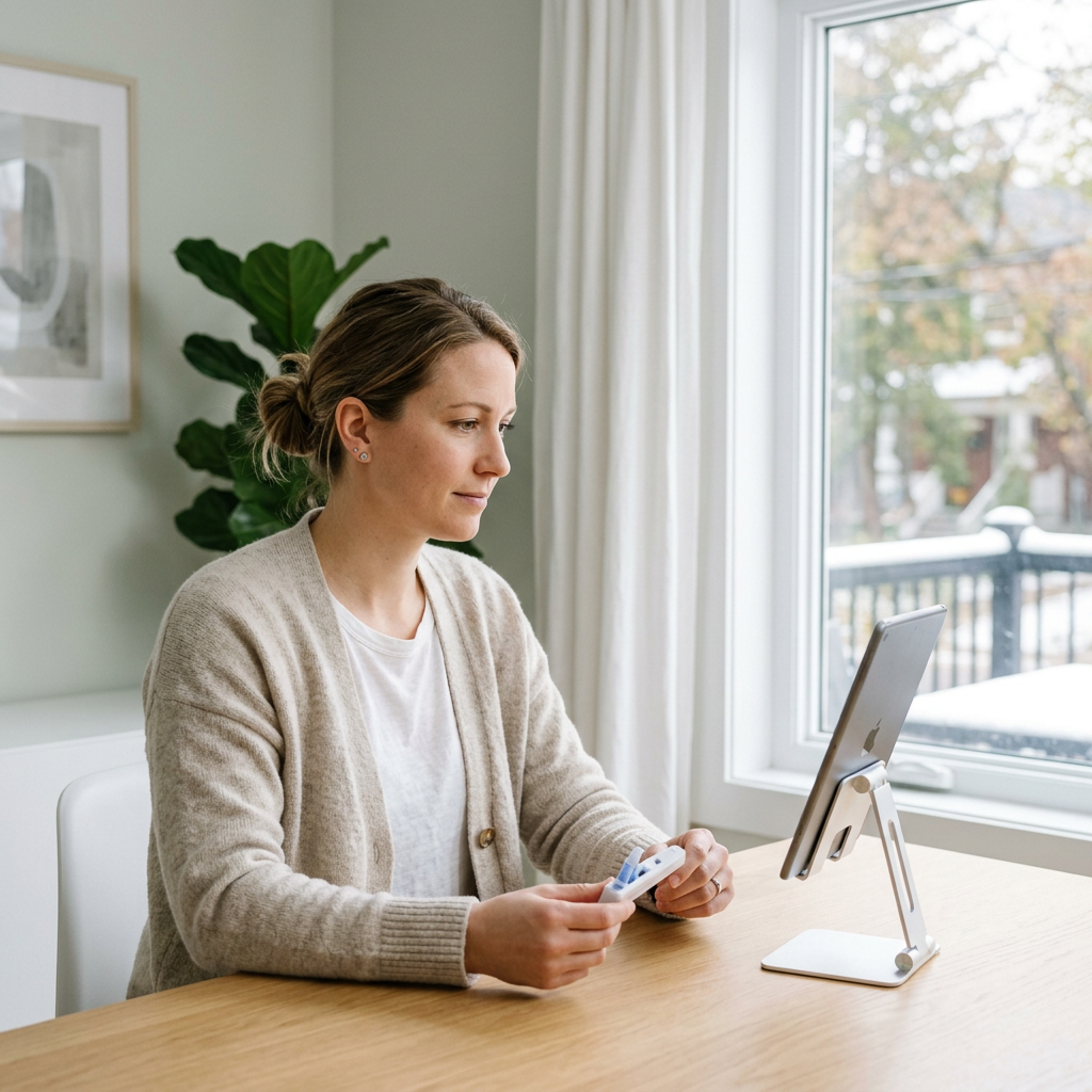 Woman reviewing blood test results on tablet at home