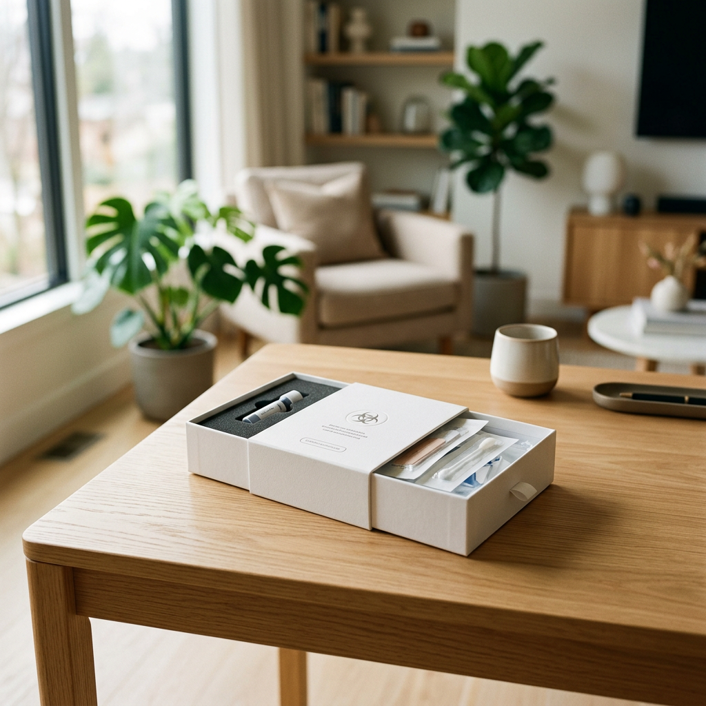 Biological age test collection kit on modern home surface