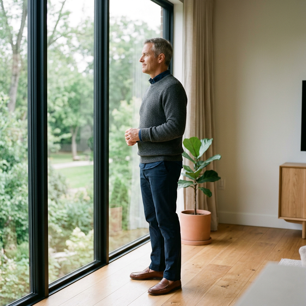 Man gazing thoughtfully from window after health insights
