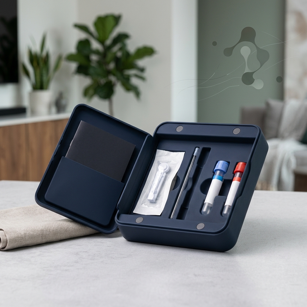 At-home biohacking blood collection kit on modern surface