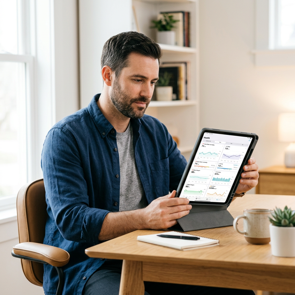 Professional reviewing personalized health biomarker data on tablet