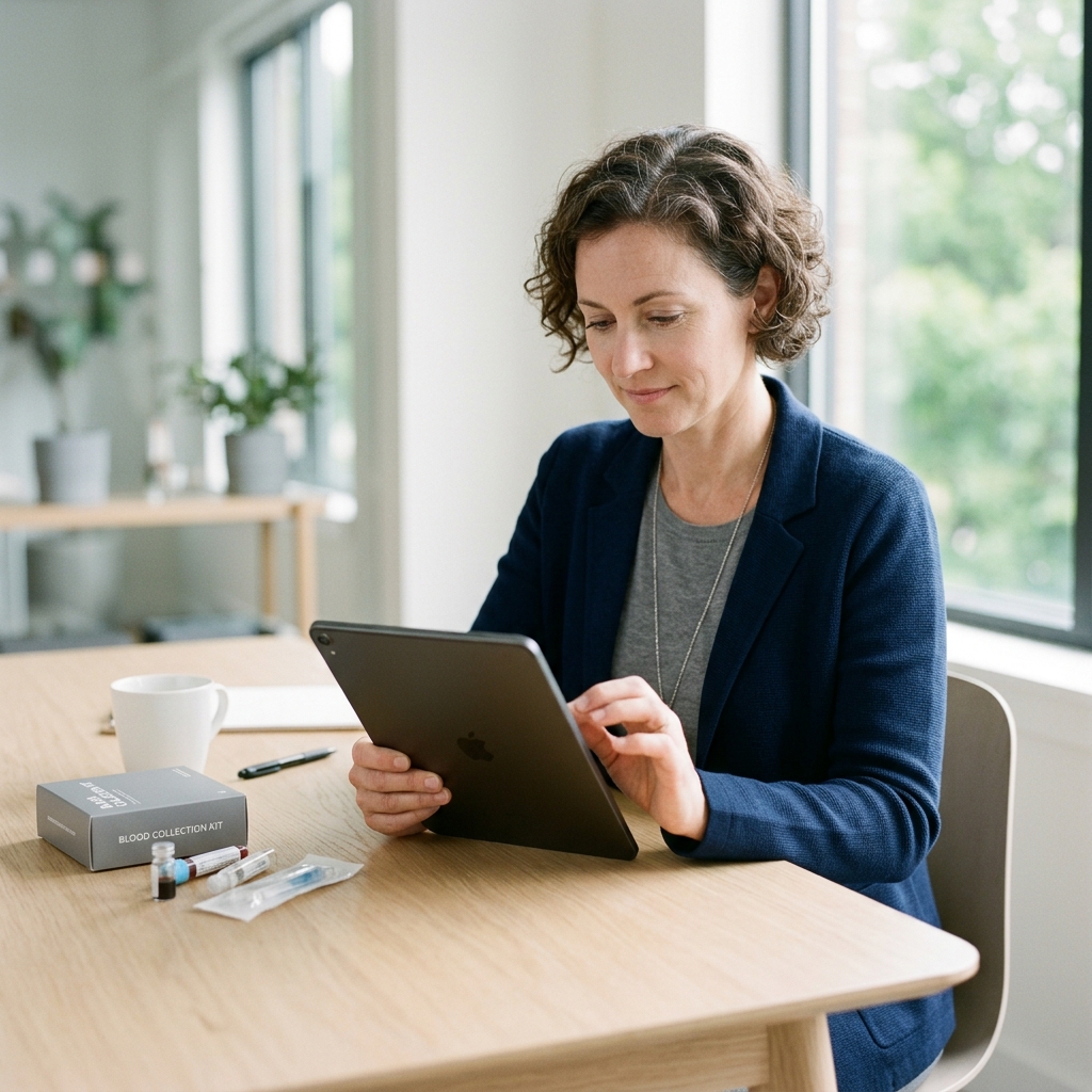 Professional reviewing health biomarker data on tablet
