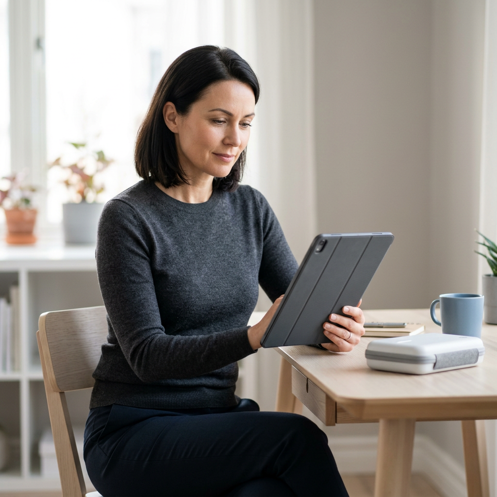Professional reviewing health data on tablet at home