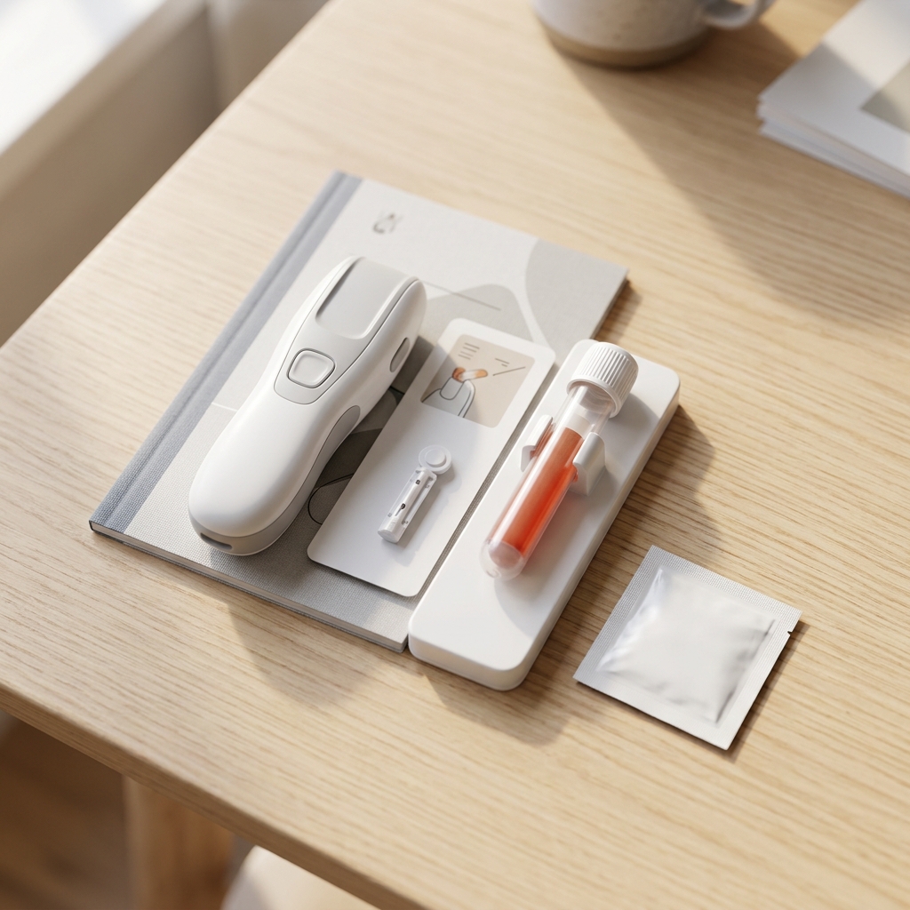 At-home blood collection kit on modern table surface