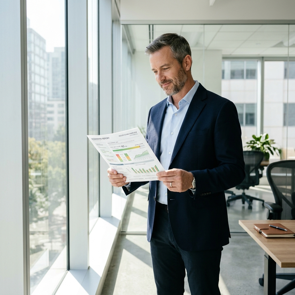 Corporate leader reviewing personalized biomarker health report