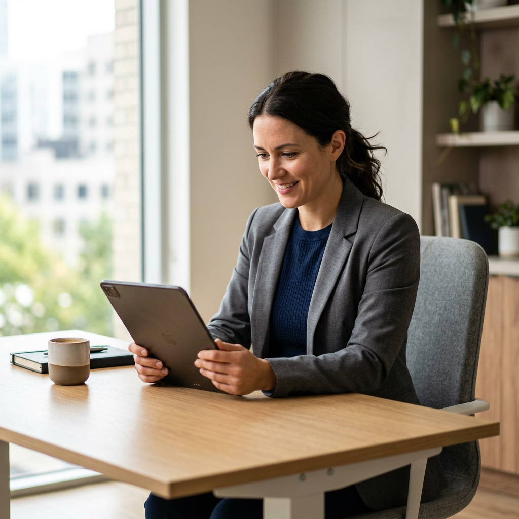 HR professional reviewing employee health data on tablet