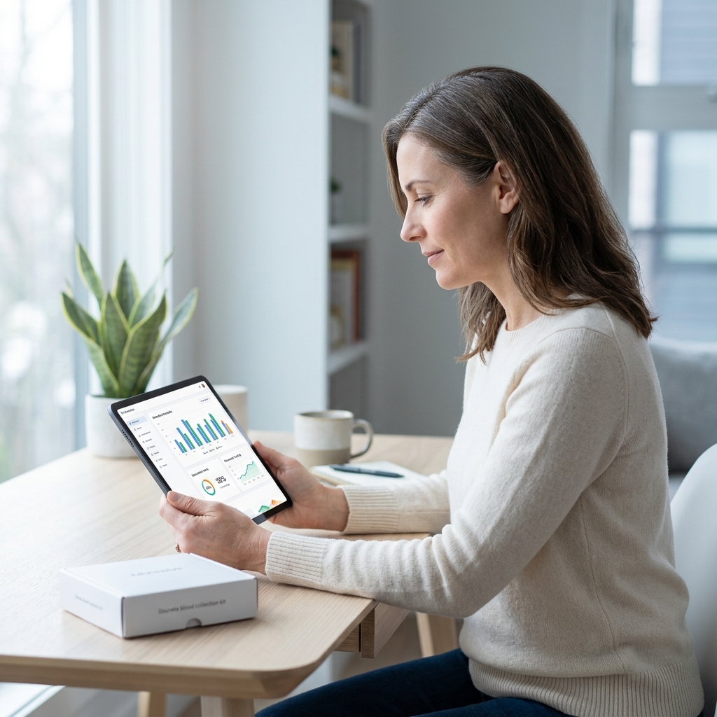 Woman reviewing personalized health biomarker data on tablet