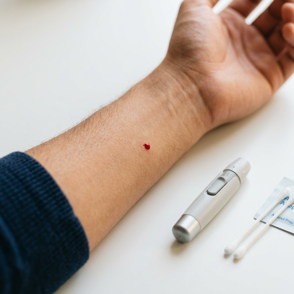 Close-up of at-home blood collection moment during testing