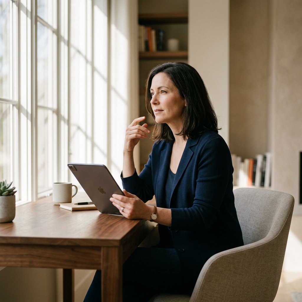 Professional woman reviewing health data trends on tablet