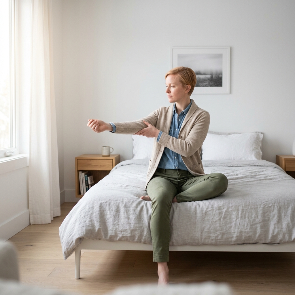 Person in morning sunlight reflecting on health data