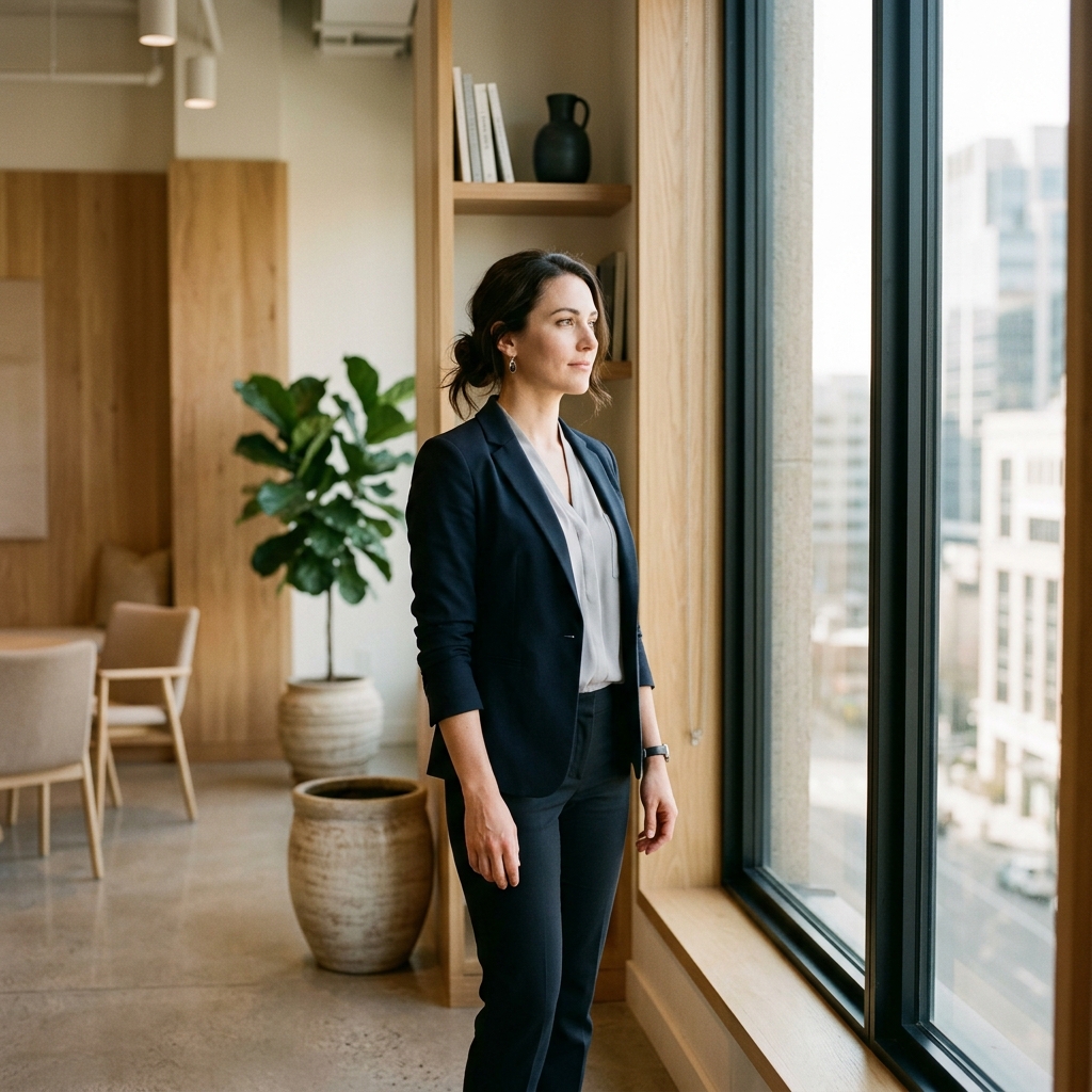 Professional standing in office light with calm confidence