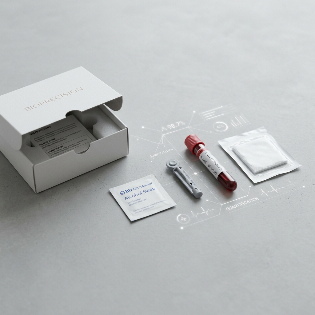 At-home biomarker collection kit arranged on neutral surface