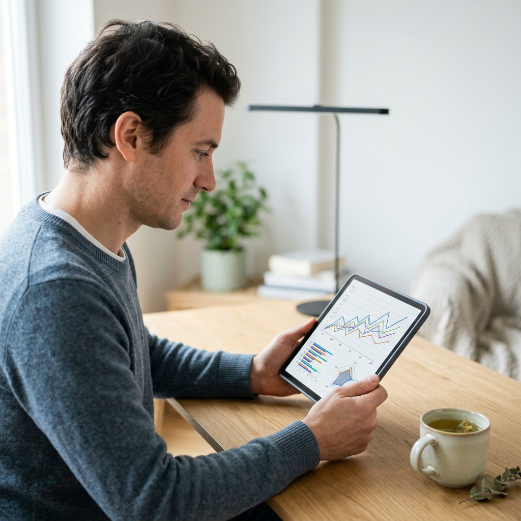 Person reviewing biomarker trend data on tablet at home