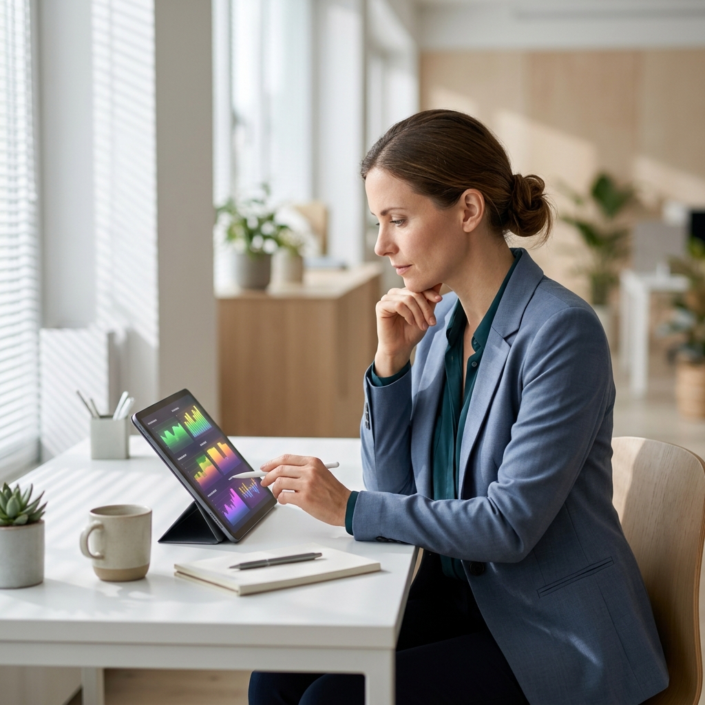 Professional reviewing biomarker dashboard on tablet