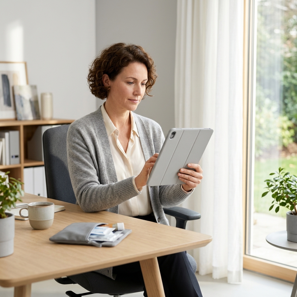 Professional woman reviewing health biomarker data on tablet