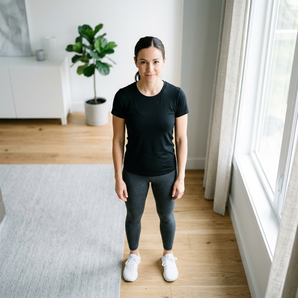 Active professional in sunlit home environment appearing empowered