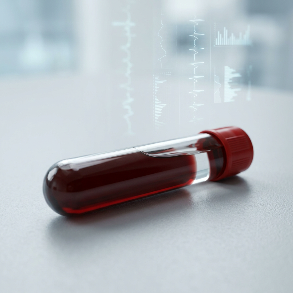 Blood sample vial with subtle data visualization backdrop
