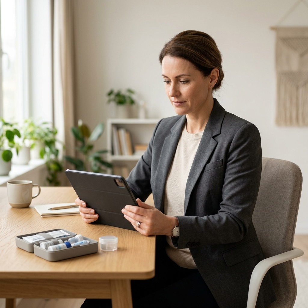 Professional woman reviewing health data on tablet at home