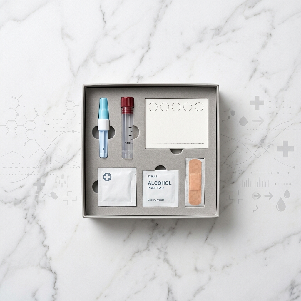 Clinical blood collection kit arranged on marble surface