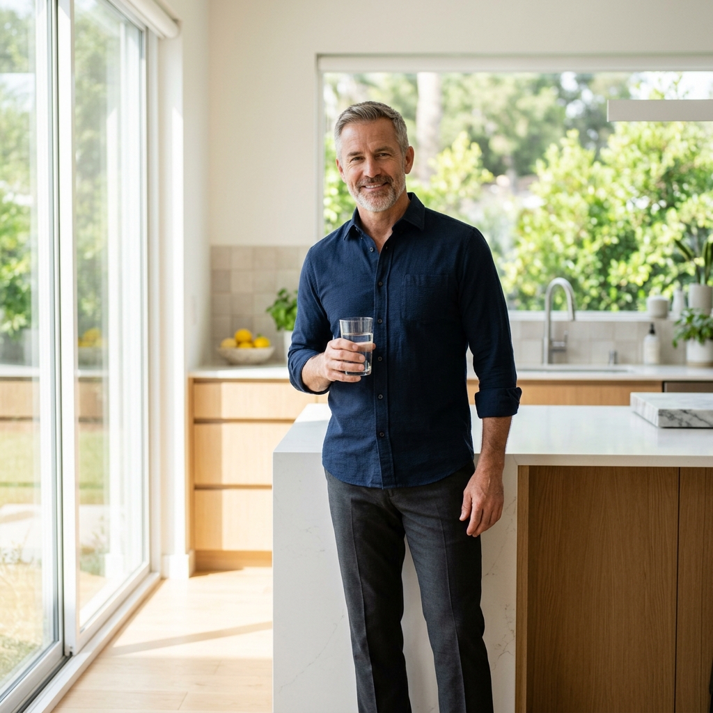 Mature man with glass of water in bright modern kitchen