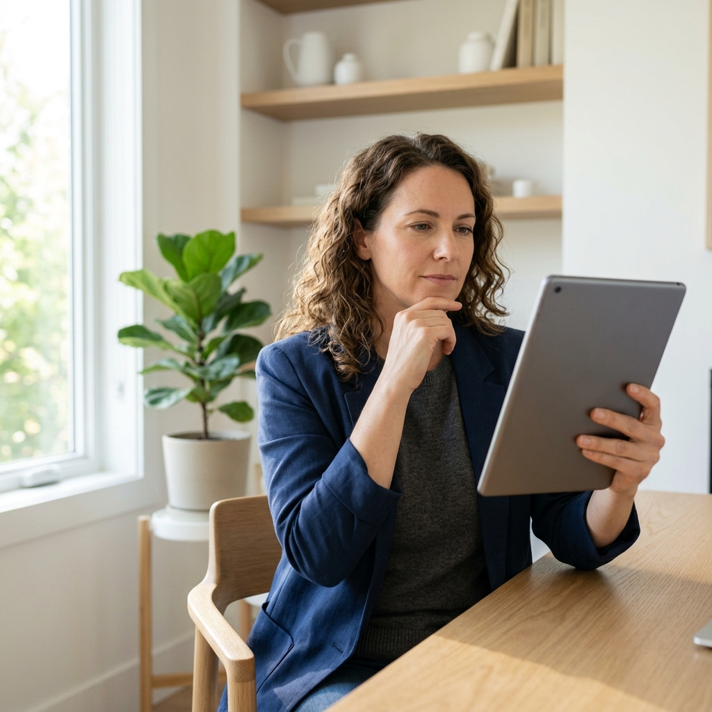 Professional woman reviewing health dashboard in sunlit office