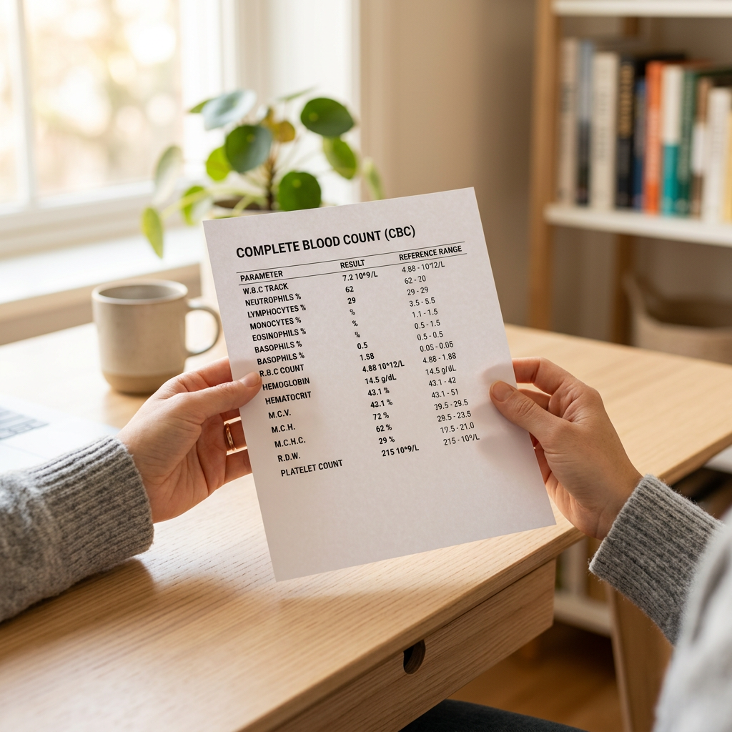 Person reviewing printed CBC blood test results
