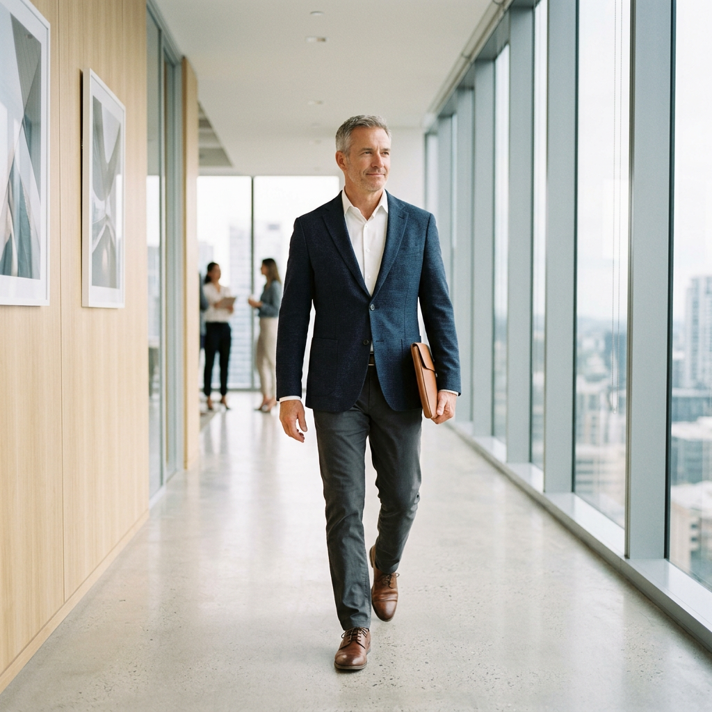 Confident mature professional walking through bright modern office