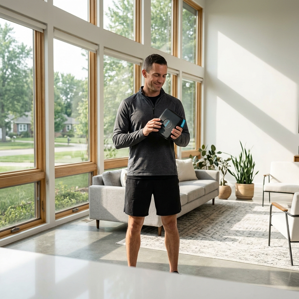 Man holding at-home biomarker collection kit in bright modern home