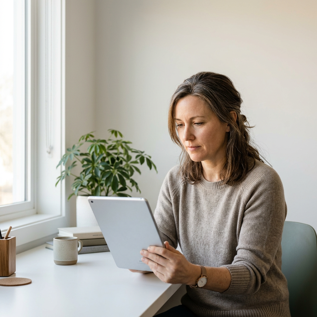Woman reviewing personalized health biomarker data on tablet