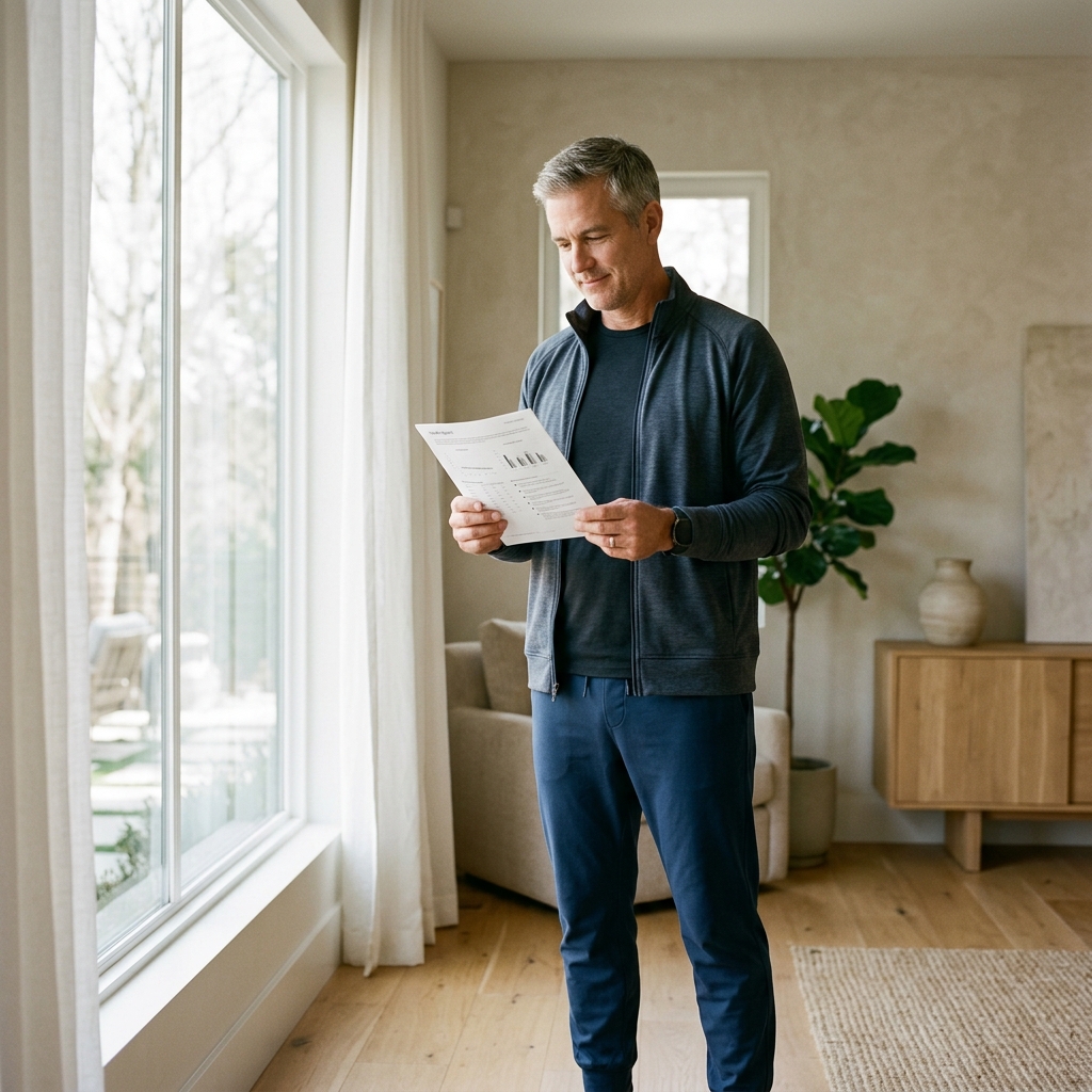 Man reviewing comprehensive health report in natural home light