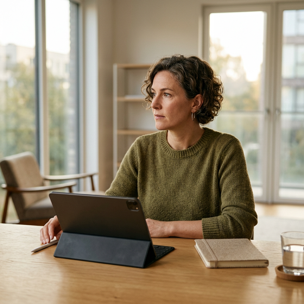 Woman reviewing personalized health biomarker data on tablet