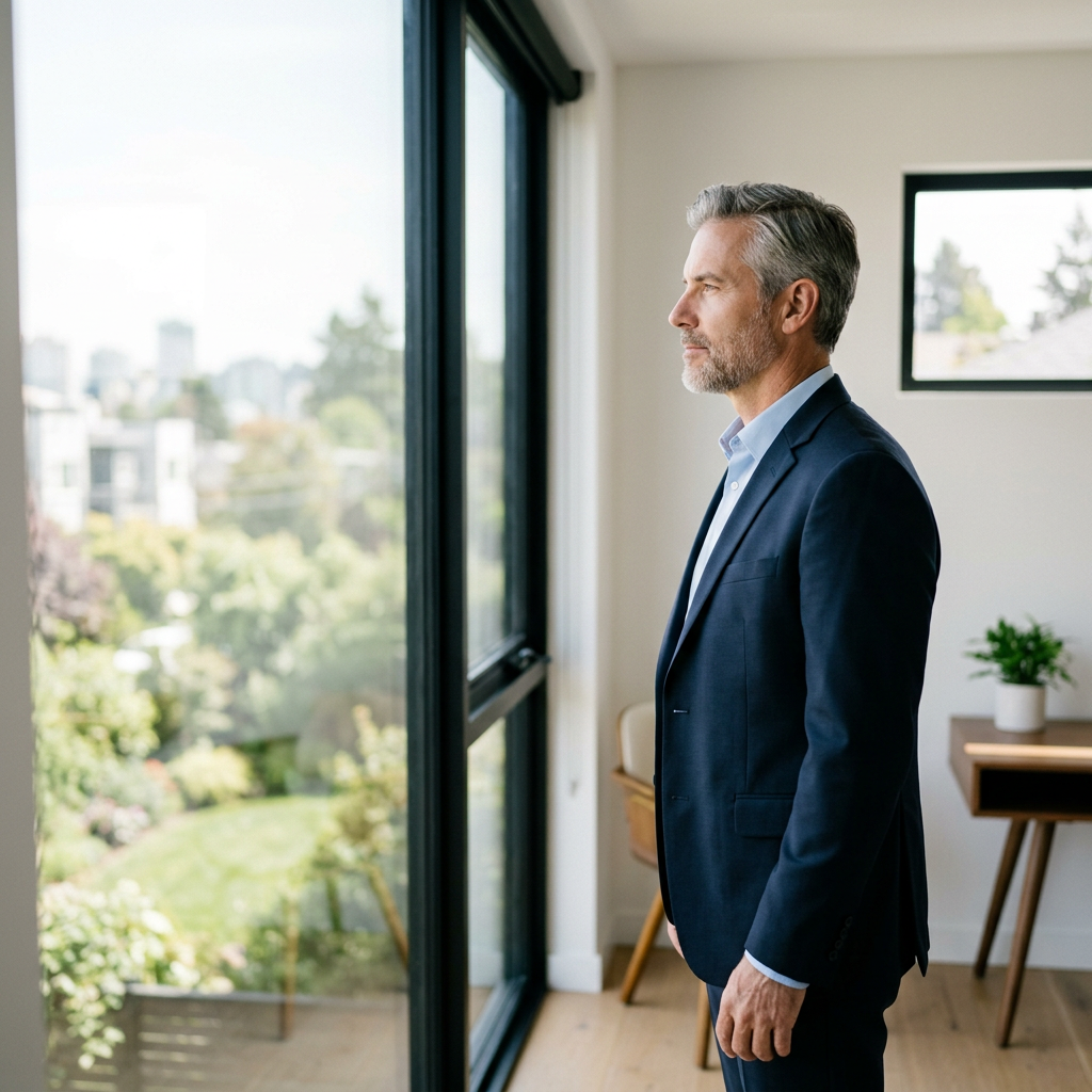 Professional man in contemplative moment at bright window