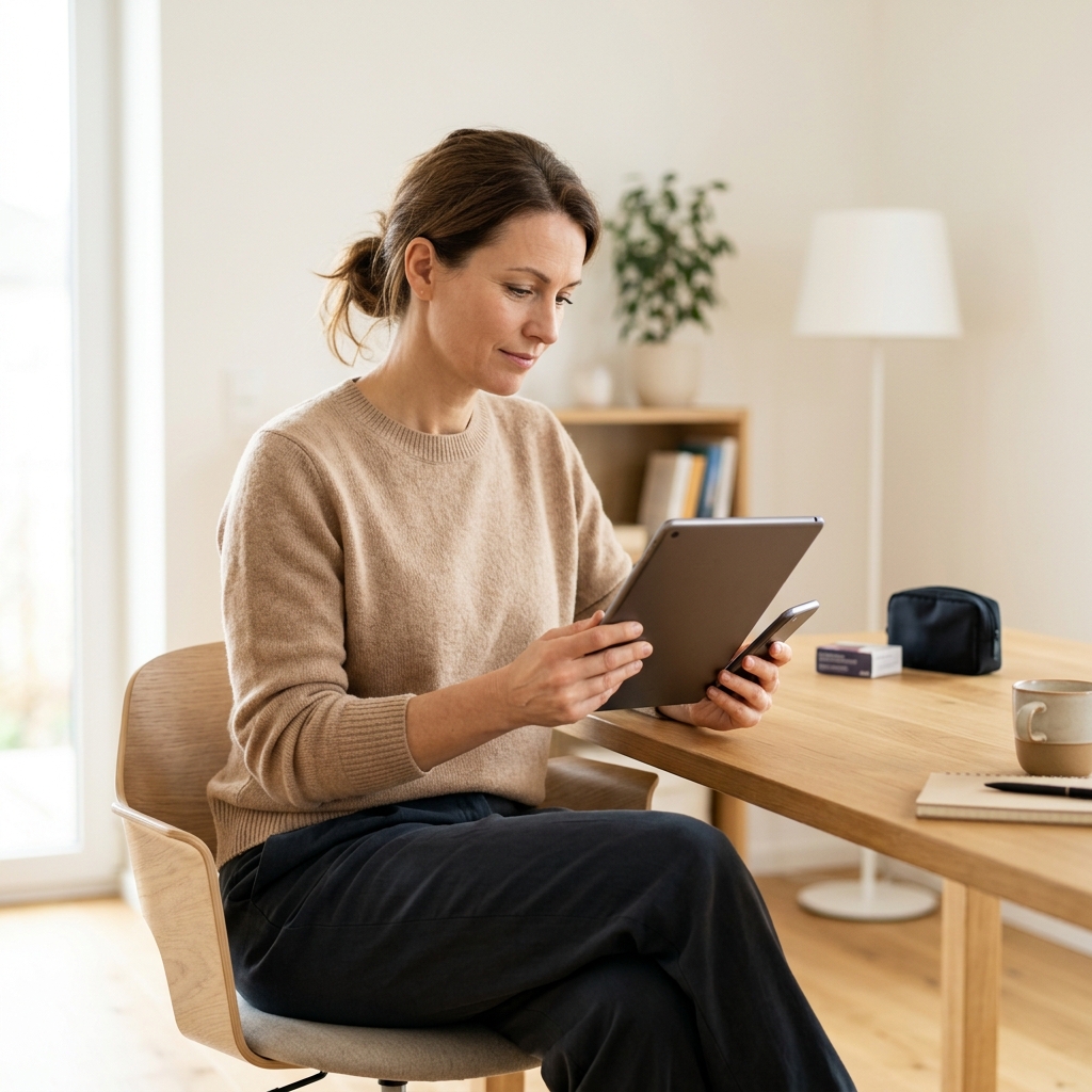 Woman reviewing biomarker results on tablet at home