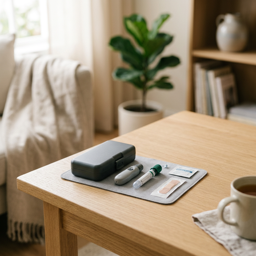 Modern home blood collection kit on minimalist surface