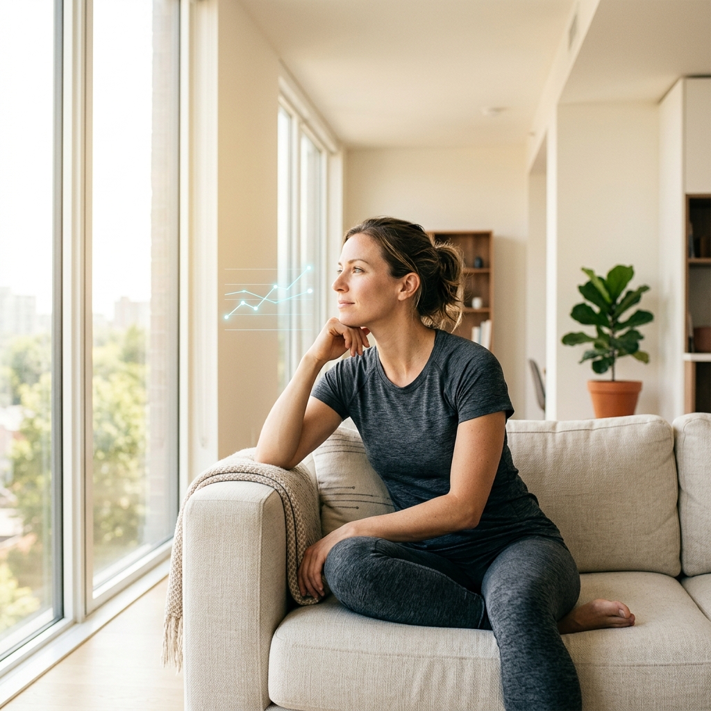 Calm individual in wellness mindset with integrated health data theme