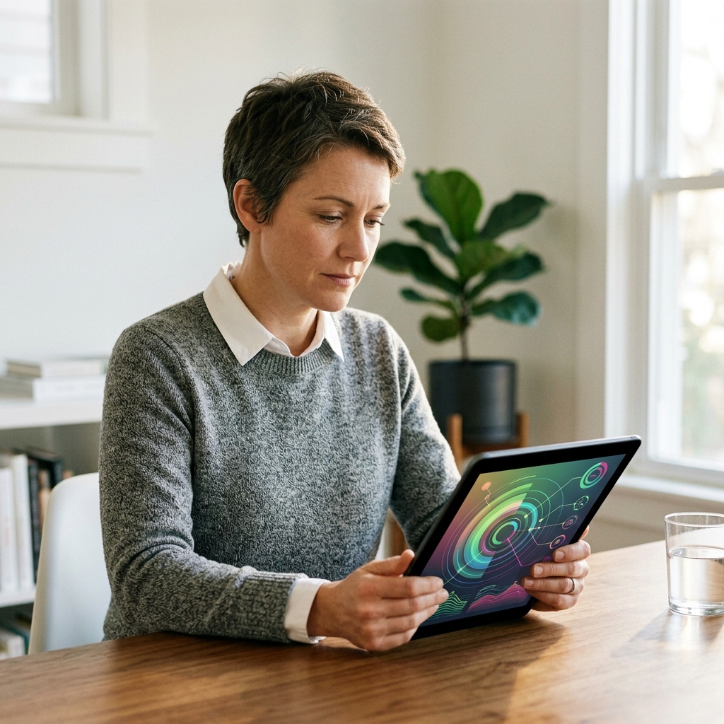 Professional woman reviewing health data on tablet in sunlit office