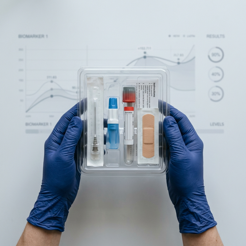 Blood collection kit displayed on neutral surface