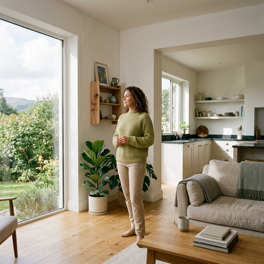 Person in bright home environment reflecting on health
