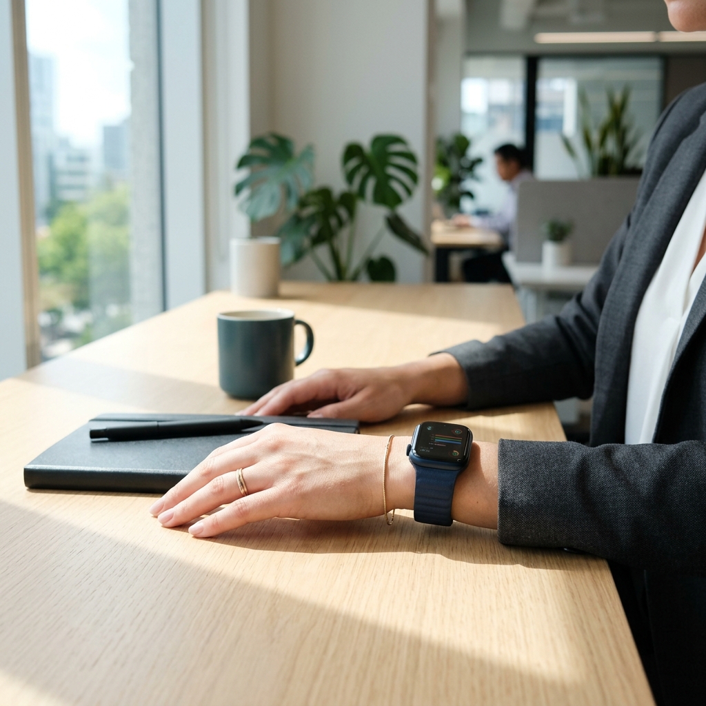 Person wearing fitness smartwatch at modern desk