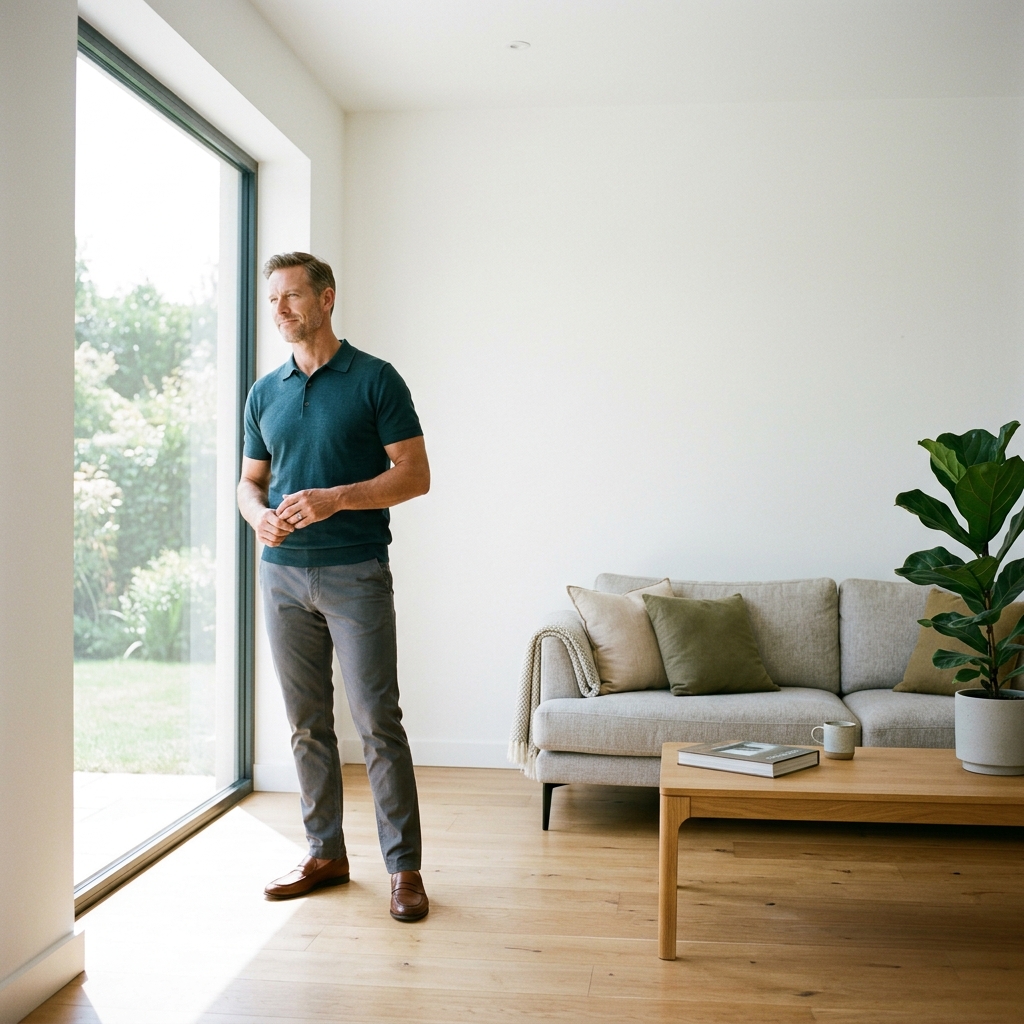 Confident professional reflecting on personal health progress indoors