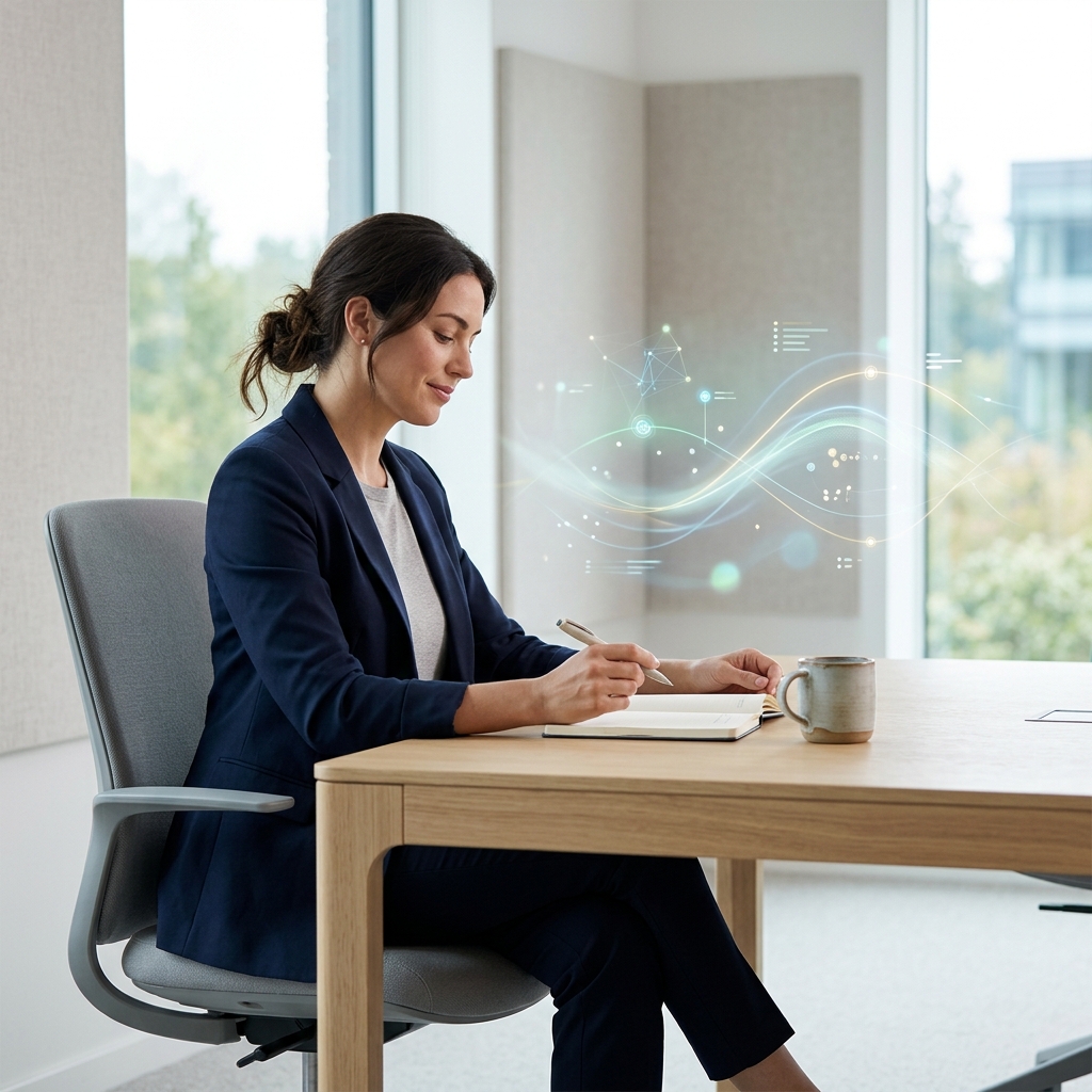 Individual surrounded by health insight in serene environment