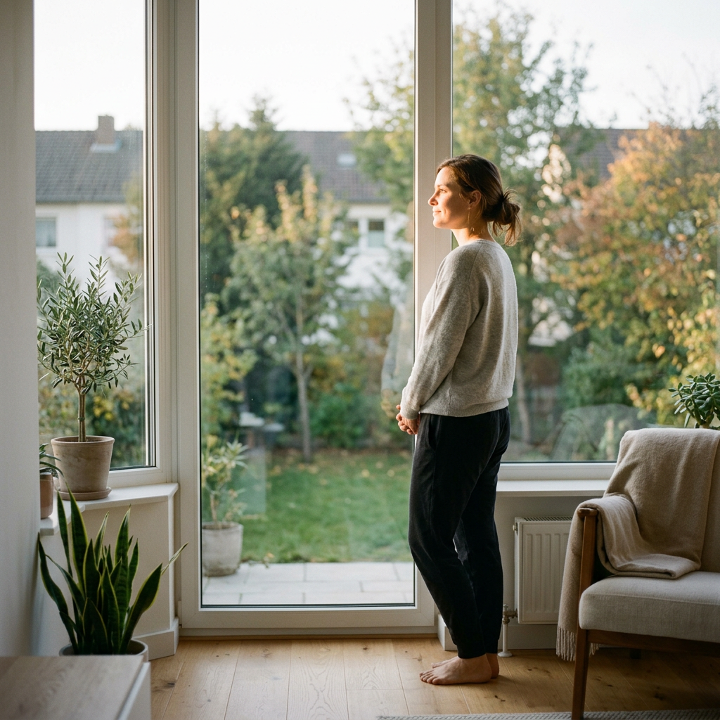 Individual at window reflecting on health insights and well-being