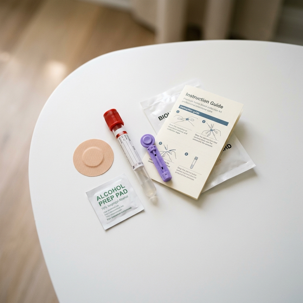 Blood collection kit arranged on white surface overhead view